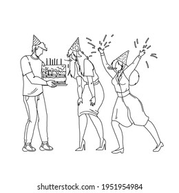 Happy Birthday Party Celebrating People Black Line Pencil Drawing Vector. Birthday Girl Blowing Candles On Celebration Cake. Characters Guests Man And Woman Congratulating Illustration