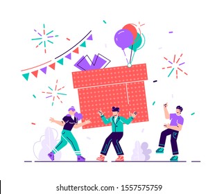 Happy Birthday Party Celebration with Friend. Gift Design for Christmas Greeting Event. Company Friendship Decoration Concept. Anniversary Confetti for Funny Surprise Flat Cartoon Vector Illustration