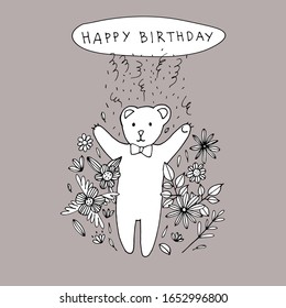 happy birthday party celebration greeting or invitation card. vector illustration with hand drawn elements. doodle style sketch: toy  bear, confetti and flower frame. kids birth congratulation