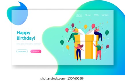 Happy Birthday Party Celebration Landing Page. Gift Design for Christmas Surprise Event. Woman Friendship Concept. Anniversary Confetti Balloon for Website Web Page. Flat Cartoon Vector Illustration