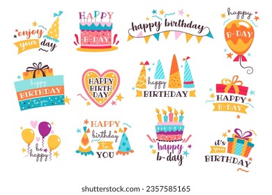 Happy birthday party celebration logo badge with gift box present, balloon, sweet cake with candle, festive cap decoration set. Greeting card, sticker label for anniversary holiday vector illustration