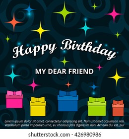 Happy  Birthday Party celebration welcome card or invitation card design with gifts and stars decoration.