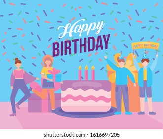 happy birthday party celebration with young people vector illustration design