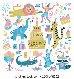 Happy birthday party. Children themed party with cute animals: little bunny, lion in party hat, monkey, elephant, raccoon, crocodile, party cake, balloons,tiger with gift.Flat vector illustration set.