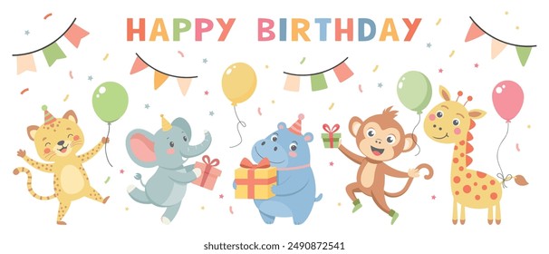 Happy birthday party. Childrens set with cute animals. Baby animals in party hats, cakes, gift boxes, balloons. Illustrations for birthday cards, stickers