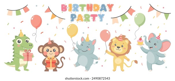 Happy birthday party. Childrens set with cute animals. Baby animals in party hats, cakes, gift boxes, balloons. Illustrations for birthday cards, stickers