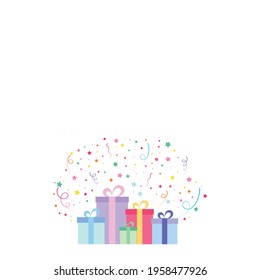 Happy birthday party, birthday party, colorful gift box full of twinkling lights. Glitter, party background, fireworks, flat vector illustration and icons