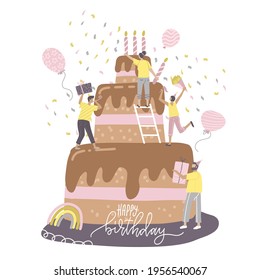 Happy birthday party concept with cheerful people, male and female friends standing on a big tiered cake with a candle and celebrating. Tiny characters having fun. Flat design style illustration.