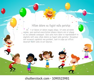 Happy birthday party concept. Kids having fun outdoor. Vector illustration