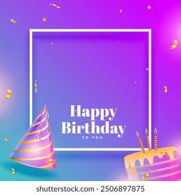 happy birthday party confetti background with bday cake and cap vector