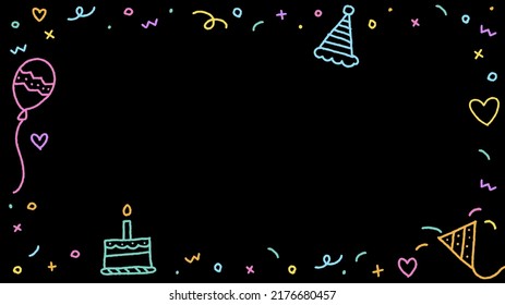Happy Birthday Party Confetti Colorful Pink Blue Green Orange Purple Violet Yellow Doodle Outline Rainbow Neon Color Black Background Border Frame Invitation Card Rectangle Icon Vector Illustration