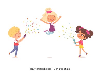 Happy birthday party with confetti. Kids celebration. Holiday in kindergarten or school. Fun children vector illustration. Cute little boy and girls smiling and jumping on white background.