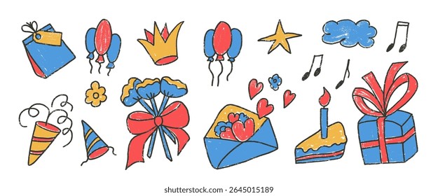 Happy birthday party crayon drawn set. Celebration Bday colorful doodle isolated on white background. Gift, confetti, cake with balloons for festive. Vector scribbles elements illustration by pencil.
