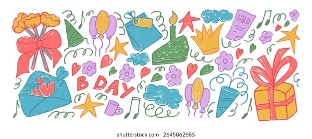 Happy birthday party crayon drawn set. Celebration Bday colorful doodle isolated on white background. Gift, confetti and cakes with balloons for festive. Vector kids scribbles elements by pencil.