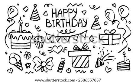 Happy Birthday Party crayon elements, kids chalk hand drawing big set for decoration. Party Related Icons Chalk Crayon Drawing for invitations, decor. Vector cartoon children illustration