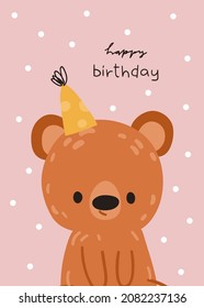 Happy birthday party. Cute bear in a party cap. Vector print for children room, fabric, paper, greeting card, postcard, card, t shirt, poster, textile. Vector illustration