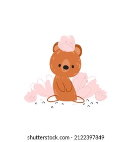 Happy birthday party. Cute bear with flowers. Vector print for children room, fabric, paper, greeting card, postcard, card, t shirt, poster, textile. Vector illustration