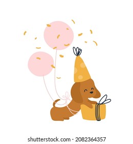 Happy birthday party. Cute dog in a party cap. Vector print for children room, fabric, paper, greeting card, postcard, card, t shirt, poster, textile. Vector illustration