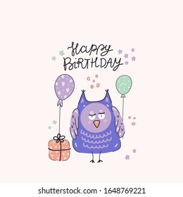 Happy birthday party, cute purple owl with presents and balloons, hand-drawn illustration. Anniversary celebration. Vector for design t-shirts typography cards and posters.