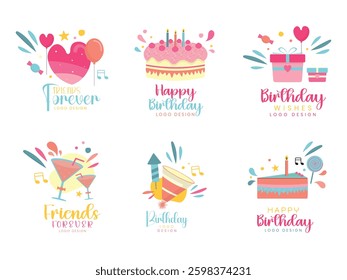 Happy Birthday party cute sticker collection element with cake illustration