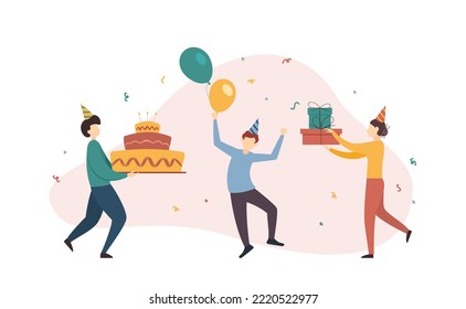 Feliz cumpleaños y gente bailando con torta de cumpleaños, globos y cajas de regalo. Grupo de jóvenes hombres y mujeres divirtiéndose. Ilustración para diseño de vacaciones, tarjetas, invitación, pancartas, afiches