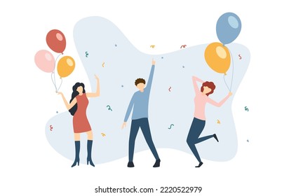 Happy Birthday party and dancing people with balloons. Group of young men and women having fun and celebrate birthday. Flat illustration is for holiday design, cards, invitation, banners, posters