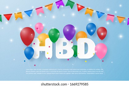 Happy birthday party decoration with colorful balloon, Paper cut style