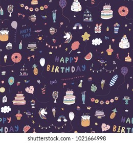 Happy Birthday party decoration doodle hand drawn seamless vector pattern