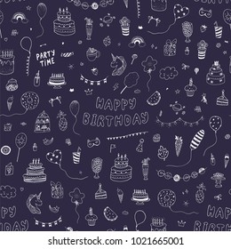 Happy Birthday party decoration doodle hand drawn seamless vector pattern