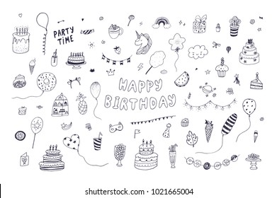 Happy Birthday Party Decoration Doodle Hand Drawn Vector Illustrations Set