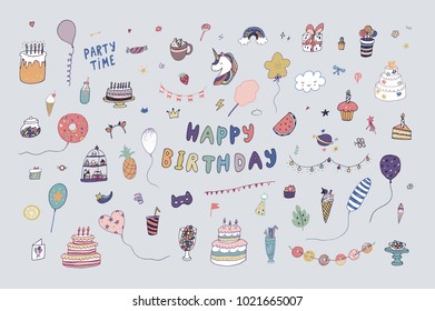 Happy Birthday party decoration doodle hand drawn vector illustrations set