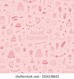 Happy Birthday party decoration doodle hand drawn seamless vector pattern