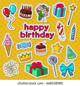 Happy Birthday Party Decoration Doodle with Stickers, Badges and Patches Balloons, Gift and Sweets. Vector illustration