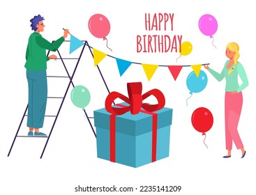 Happy birthday party decoration, vector illustration, flat man woman people character make celebration event decor near huge gift box.