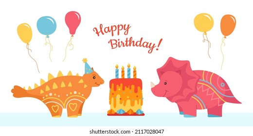 Happy birthday party, dino and cake card. Cute dinosaur reptile childish character cartoon surprise invitation. Wildlife predators dinosaur prehistoric lizard. Kids design herbivores vector