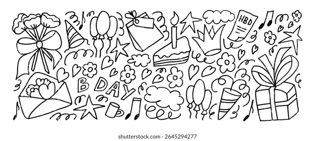 Happy birthday party doodle drawn set. Celebration Bday hand drawn signs isolated on white background. Gift, confetti and cakes with balloons for festive. Vector scribbles illustration by pencil.