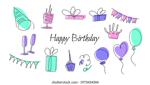 Happy Birthday Party Doodle Line Icon Sketch Hand Made Vector Art. Birthday design elements for greeting cards, invitations