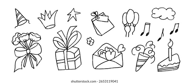 Happy birthday party doodle marker drawn set. Celebration Bday hand drawn signs isolated on white background. Gift, confetti and cake with balloons for festive. Vector scribbles elements illustration.