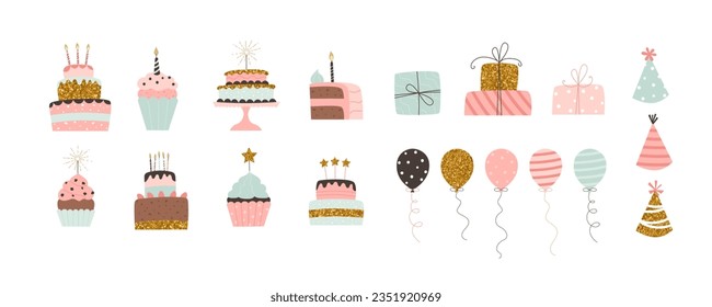 Happy birthday party elements collection. Cakes, balloons, gifts and party hats. Festive set in simple style, vector illustration