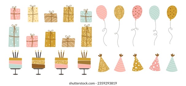 Colección de elementos de la fiesta de cumpleaños feliz. Pasteles, globos, cajas de regalo y sombreros de fiesta. Marco festivo, sobrio y decorativo. Vector