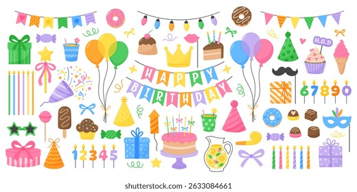Happy birthday party elements including balloons, candles, gifts, cakes, and festive decorations on white background. Hand drawn flat vector illustration