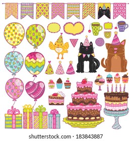 Happy Birthday party elements set - holiday cake, cat, dog, bird, presents, gifts, muffins, cupcakes, tea, ice cream, balloon, hat, decor. Vector image