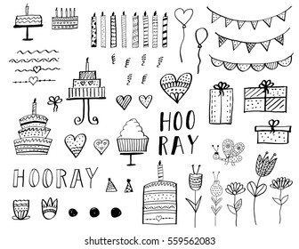 Happy Birthday Party elements set. Vector hand drawn illustration.