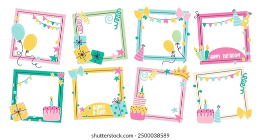 Happy birthday party frames and cards template set with cute festive creative doodle pattern. Greeting borders with balloons, garland string, sweet cake, gifts hand dawn decoration vector illustration