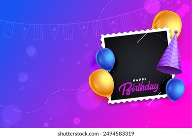 happy birthday party greeting banner with empty photograph cover frame vector