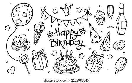 Happy Birthday Party Hand Drawn doodle outline Set Vector Illustration