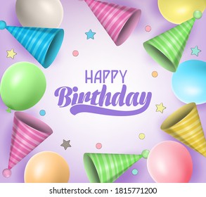 Feliz diseño del vector de la fiesta de cumpleaños. Texto de bienvenida de cumpleaños con sombrero de fiesta y elementos de globos para celebración. Ilustración del vector 