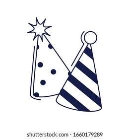 happy birthday, party hats accessory decoration celebration vector illustration line style icon