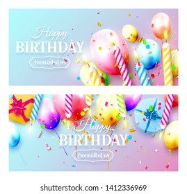 Happy birthday party headers or banners with colorful balloons and candles