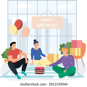 Happy Birthday party at home with friends. Company of young people celebrates holiday with cake and gifts. Congratulations to friend. Fun birthday boy blows out candles on cake, greeting event